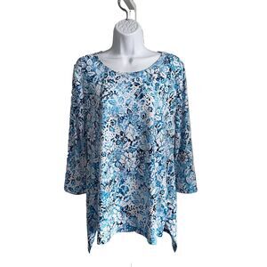 Clara Sun Woo Blue Floral Parachute Hem Tunic Top Textured Size Small